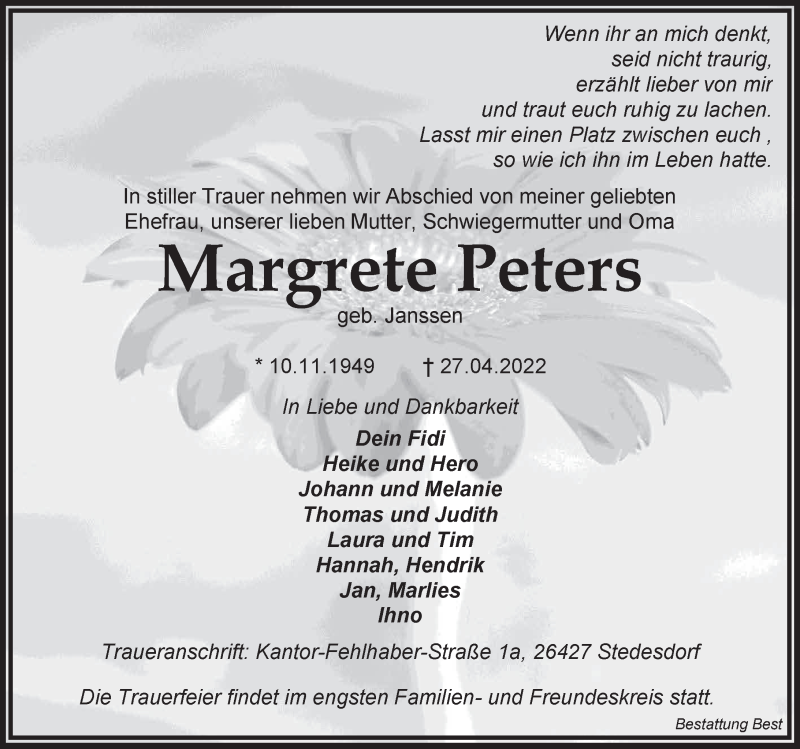  Traueranzeige für Margrete Peters vom 28.04.2022 aus Anzeiger für Harlingerland