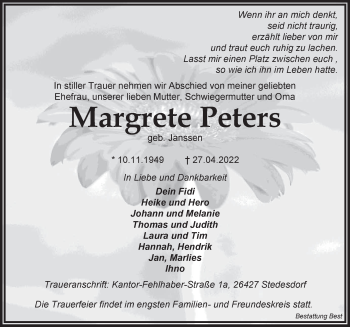 Traueranzeige von Margrete Peters von Anzeiger für Harlingerland