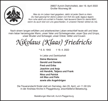 Traueranzeige von Nikolaus Friedrichs von Anzeiger für Harlingerland