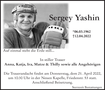 Traueranzeige von Sergey Yashin von Wilhelmshavener Zeitung
