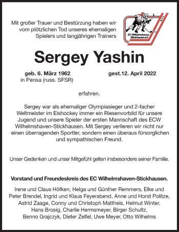 Traueranzeige von Sergey Yashin von Wilhelmshavener Zeitung