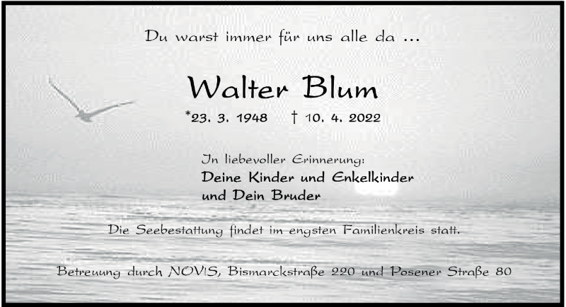 Traueranzeigen von Walter Blum nordwesttrauer.de