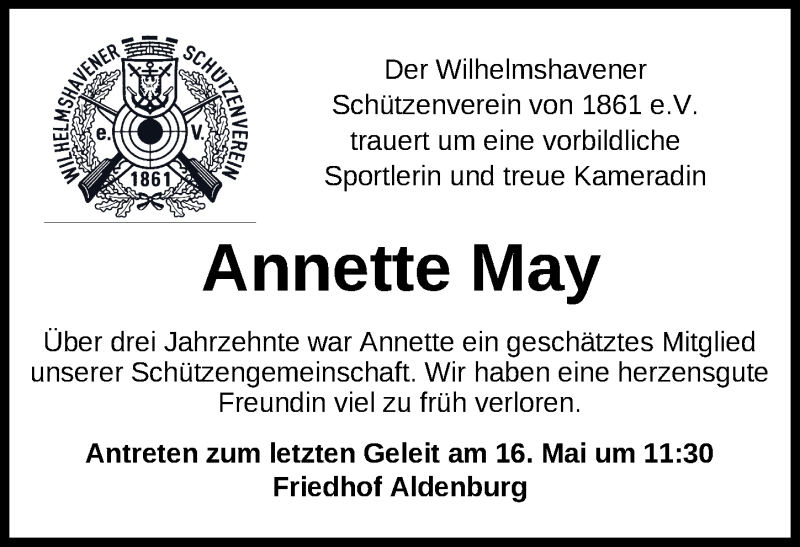  Traueranzeige für Annette May vom 30.04.2022 aus Wilhelmshavener Zeitung