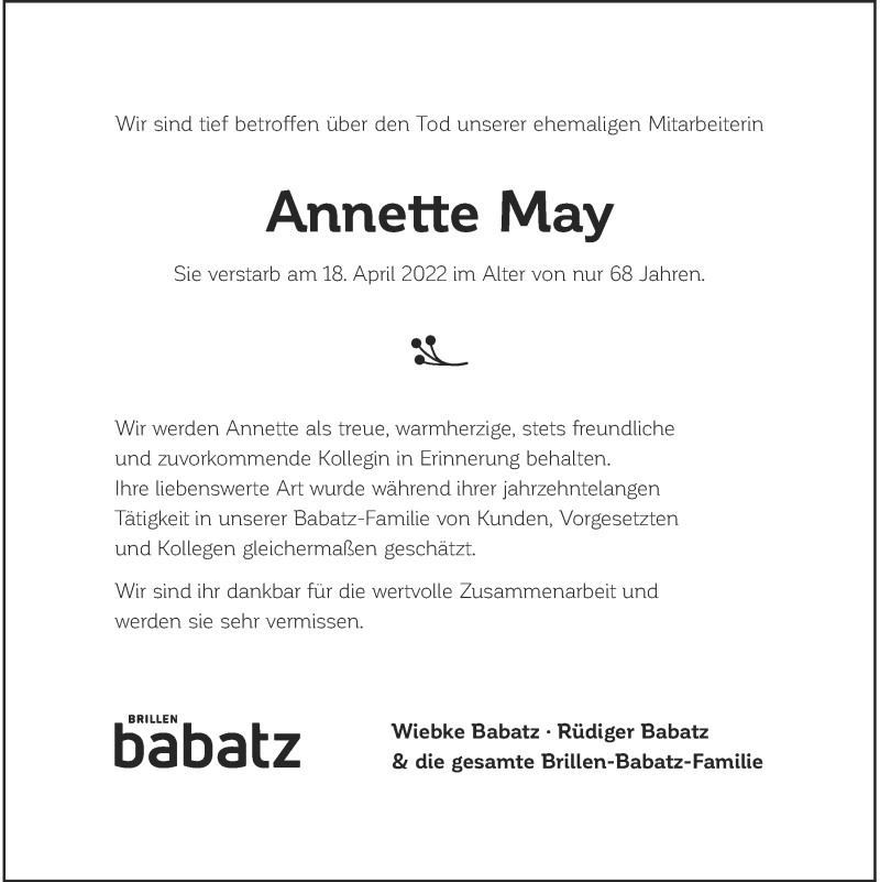  Traueranzeige für Annette May vom 30.04.2022 aus Wilhelmshavener Zeitung