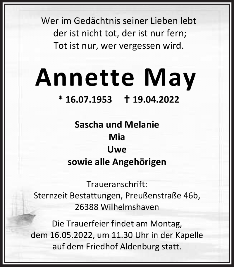  Traueranzeige für Annette May vom 30.04.2022 aus Wilhelmshavener Zeitung