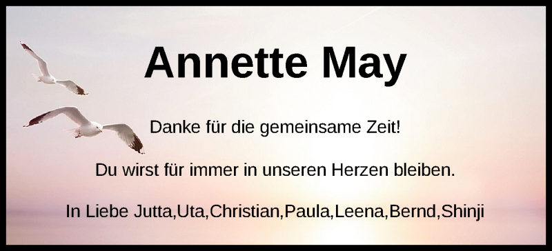  Traueranzeige für Annette May vom 30.04.2022 aus Wilhelmshavener Zeitung