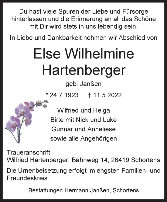 Traueranzeige von Else Wilhelmine Hartenberger von Anzeiger für Harlingerland