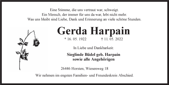 Traueranzeige von Gerda Harpain von Anzeiger für Harlingerland
