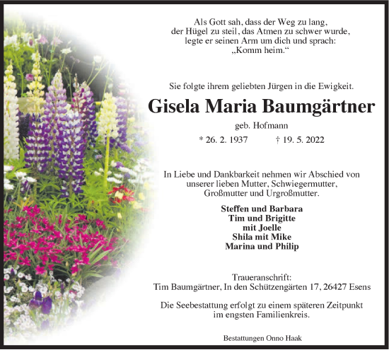 Traueranzeige von Gisela Maria Baumgärtner von Anzeiger für Harlingerland