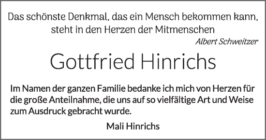 Traueranzeige von Gottfried Hinrichs von Anzeiger für Harlingerland