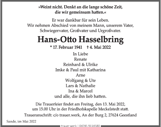 Traueranzeige von Hans-Otto Hasselbring von Wilhelmshavener Zeitung