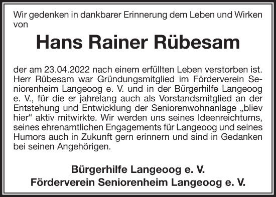Traueranzeige von Hans Rübesam von Anzeiger für Harlingerland