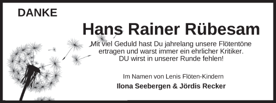 Traueranzeige von Hans Rübesam von Anzeiger für Harlingerland