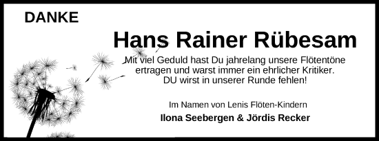 Traueranzeige von Hans Rainer Rübesam von Wilhelmshavener Zeitung