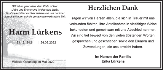 Traueranzeige von Harm Lürkens von Anzeiger für Harlingerland