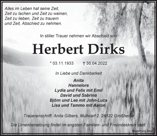 Traueranzeige von Herbert Dirks von Anzeiger für Harlingerland