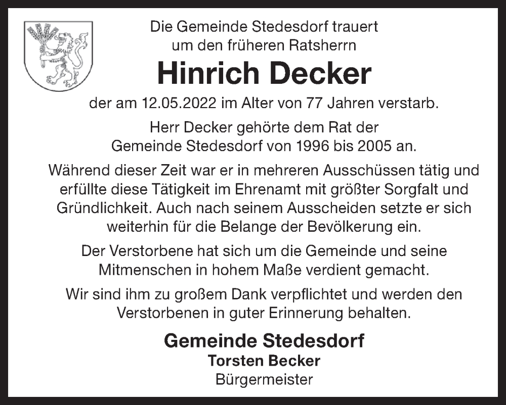 Traueranzeigen Von Hinrich Decker | Nordwest-trauer.de