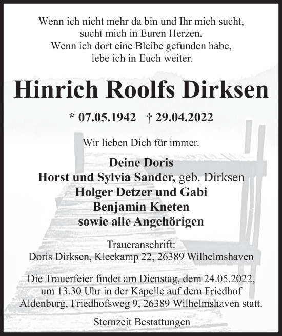 Traueranzeige von Hinrich Roolfs Dirksen von Wilhelmshavener Zeitung
