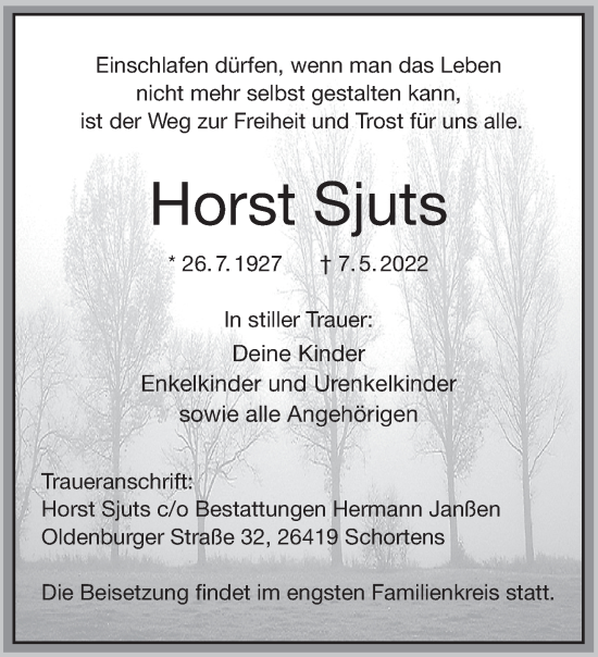 Traueranzeige von Horst Sjuts von Anzeiger für Harlingerland