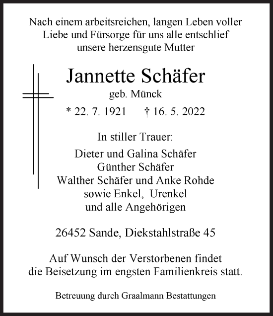 Traueranzeige von Jannette Schäfer von Wilhelmshavener Zeitung