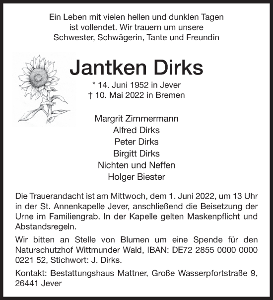 Traueranzeige von Jantken Dirks von Anzeiger für Harlingerland