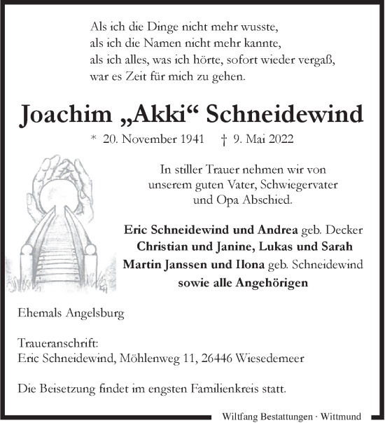 Traueranzeige von Joachim Schneidewind von Anzeiger für Harlingerland