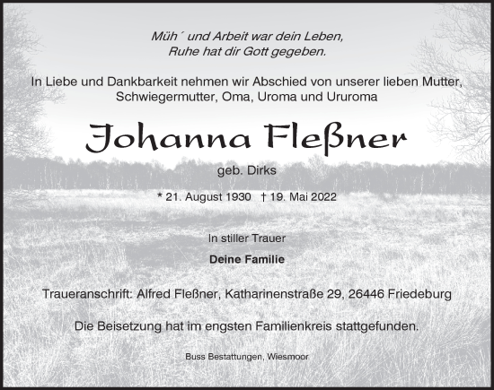 Traueranzeige von Johanna Fleßner von Anzeiger für Harlingerland