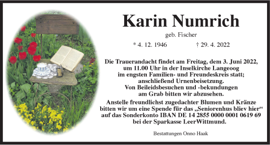 Traueranzeige von Karin Numrich von Anzeiger für Harlingerland