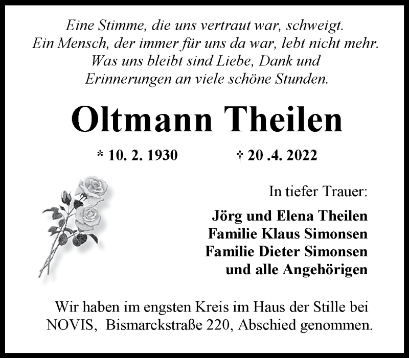  Traueranzeige für Oltmann Theilen vom 30.04.2022 aus Wilhelmshavener Zeitung
