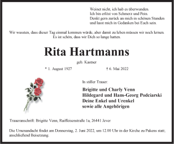 Traueranzeige von Rita Hartmanns von Anzeiger für Harlingerland