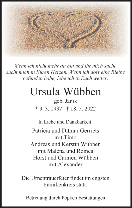 Traueranzeige von Ursula Wübben von Wilhelmshavener Zeitung