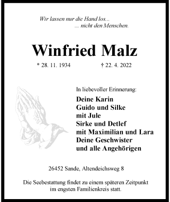 Traueranzeige von Winfried Malz von Wilhelmshavener Zeitung