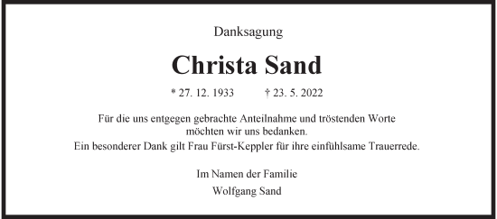 Traueranzeige von Christa Sand von Wilhelmshavener Zeitung