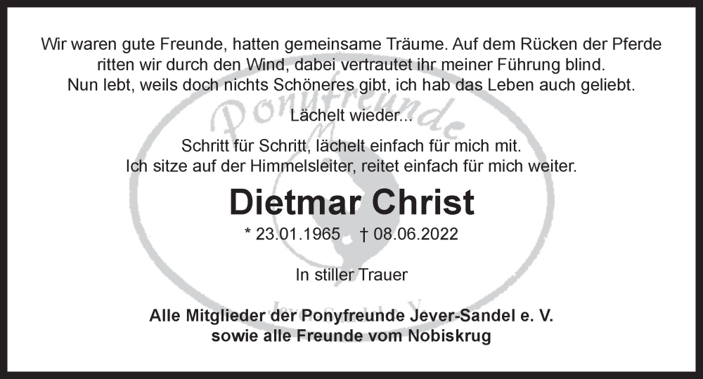  Traueranzeige für Dietmar Christ vom 15.06.2022 aus Anzeiger für Harlingerland