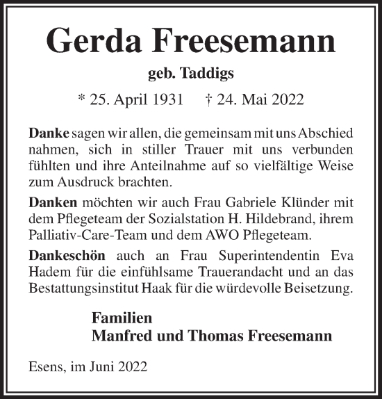 Traueranzeige von Gerda Freesemann von Anzeiger für Harlingerland