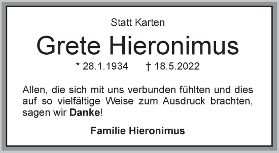 Traueranzeige von Grete Hieronimus von Anzeiger für Harlingerland