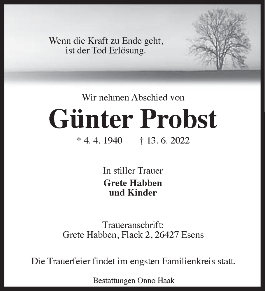  Traueranzeige für Günter Probst vom 16.06.2022 aus Anzeiger für Harlingerland