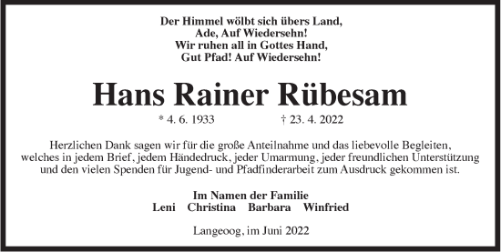 Traueranzeige von Hans Rainer Rübesam von Anzeiger für Harlingerland