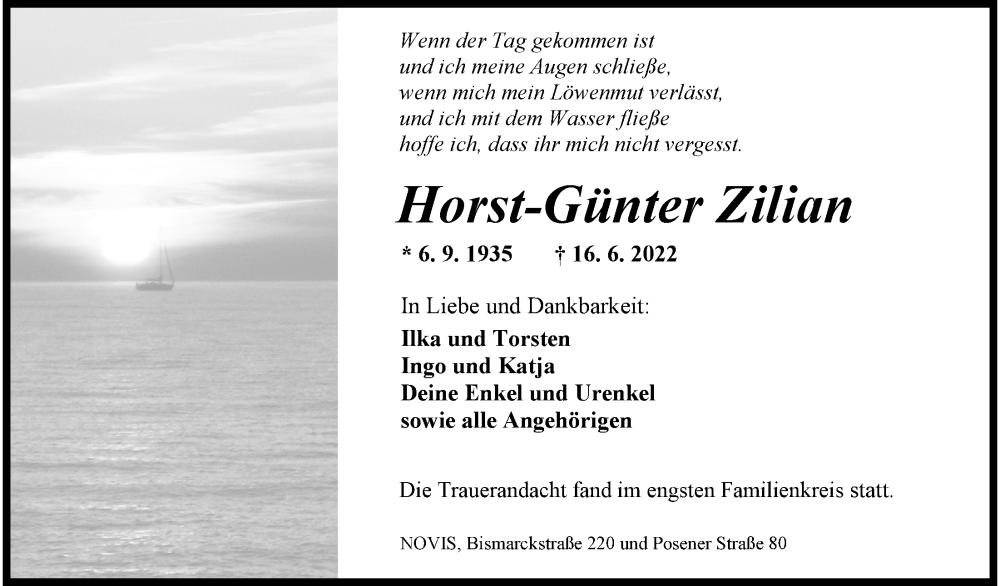  Traueranzeige für Horst-Günter Zilian vom 25.06.2022 aus Wilhelmshavener Zeitung