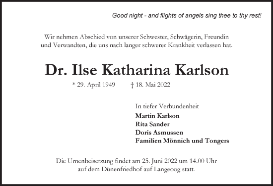 Traueranzeige von Ilse Katharina Karlson von Anzeiger für Harlingerland