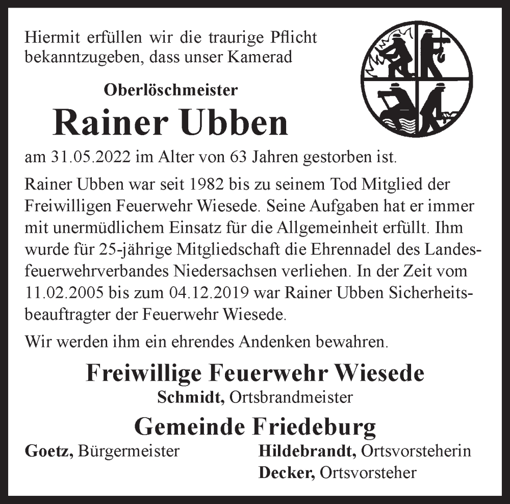  Traueranzeige für Rainer Ubben vom 02.06.2022 aus Anzeiger für Harlingerland