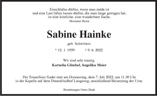 Traueranzeige von Sabine Hainke von Anzeiger für Harlingerland