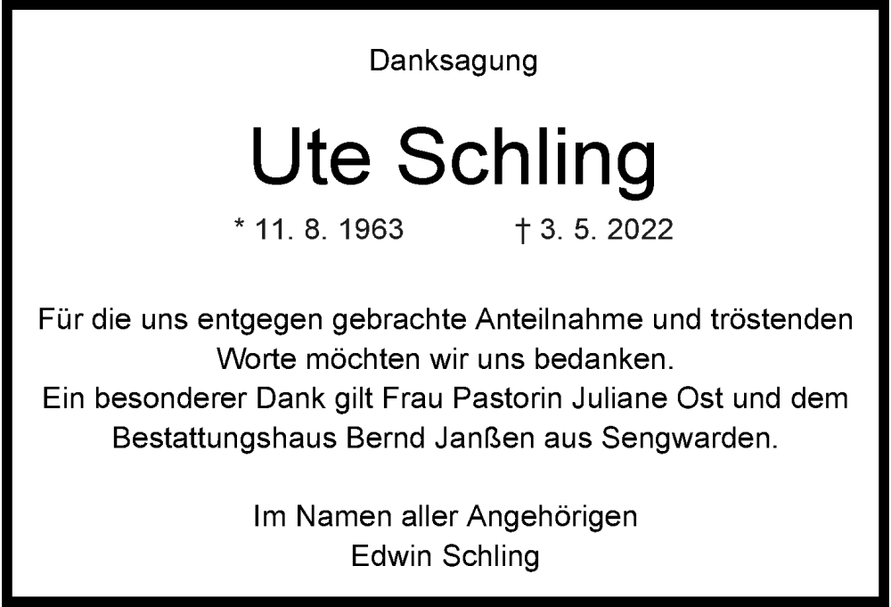  Traueranzeige für Ute Schling vom 18.06.2022 aus Wilhelmshavener Zeitung