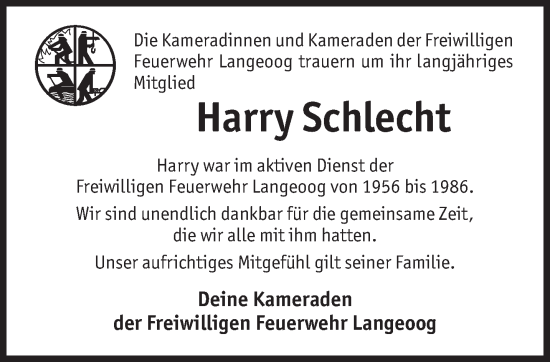 Traueranzeige von Harry Schlecht von Anzeiger für Harlingerland