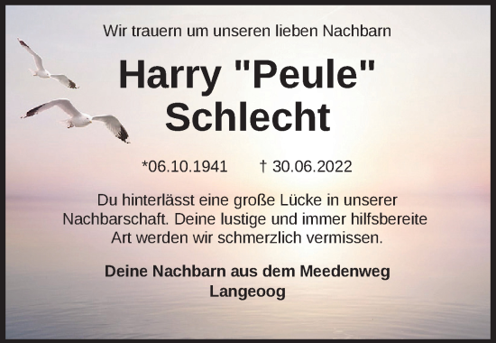 Traueranzeige von Harry Schlecht von Anzeiger für Harlingerland