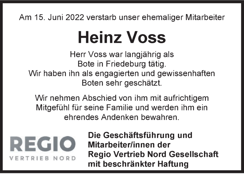  Traueranzeige für Heinz Voss vom 07.07.2022 aus Anzeiger für Harlingerland