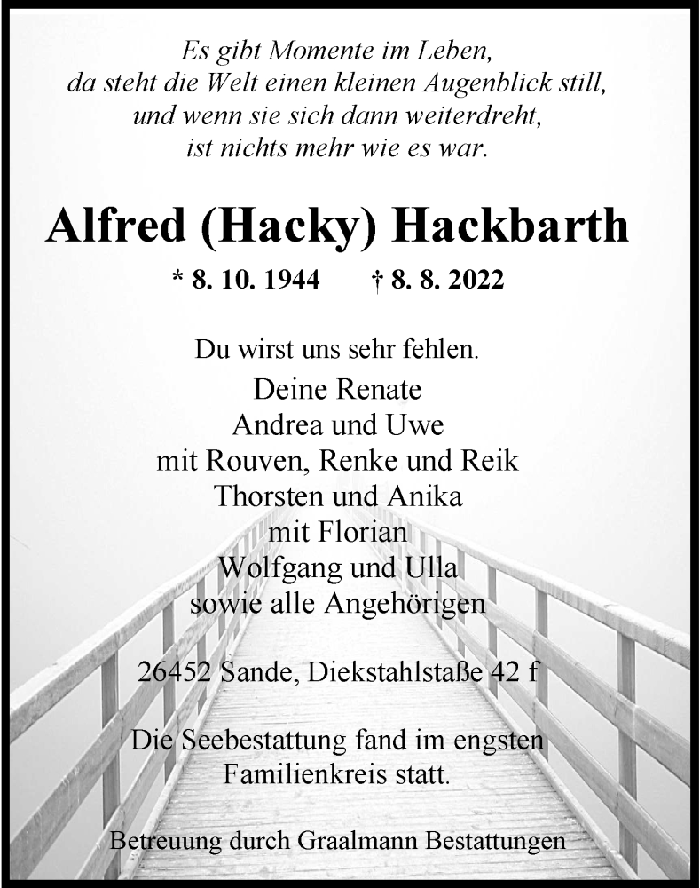  Traueranzeige für Alfred Hackbarth vom 20.08.2022 aus Wilhelmshavener Zeitung