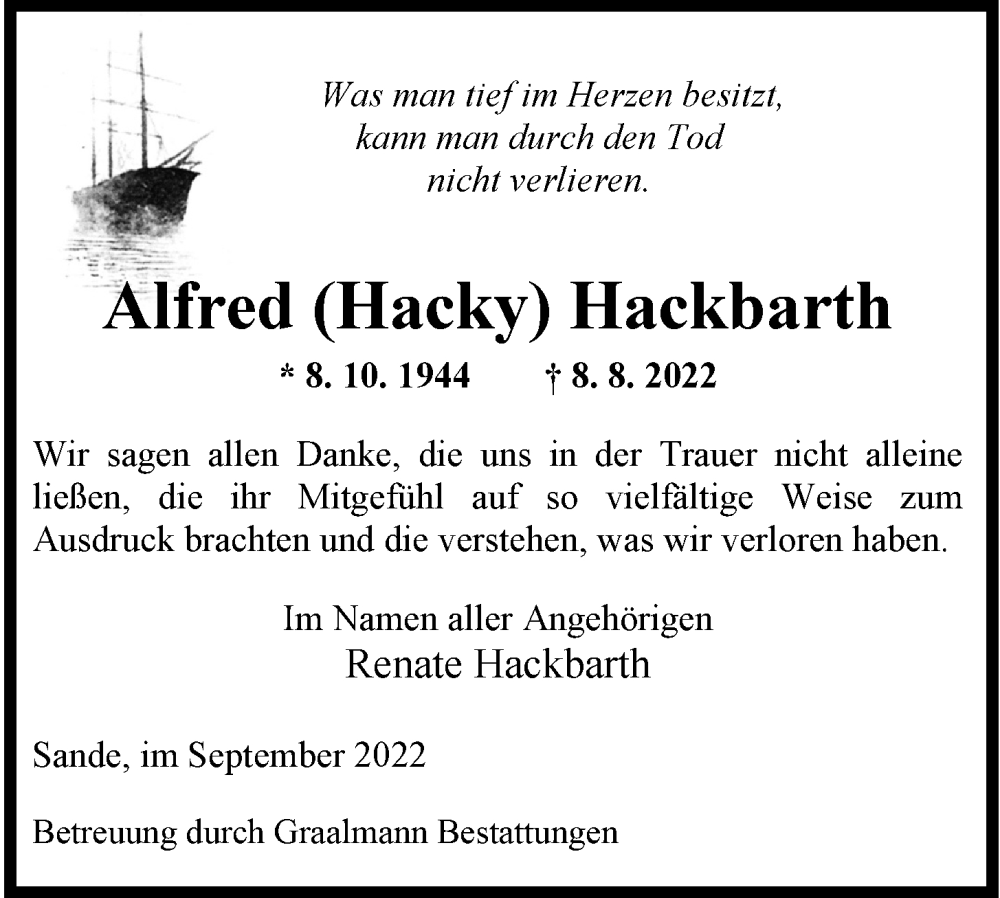 Traueranzeigen von Alfred Hackbarth | nordwest-trauer.de