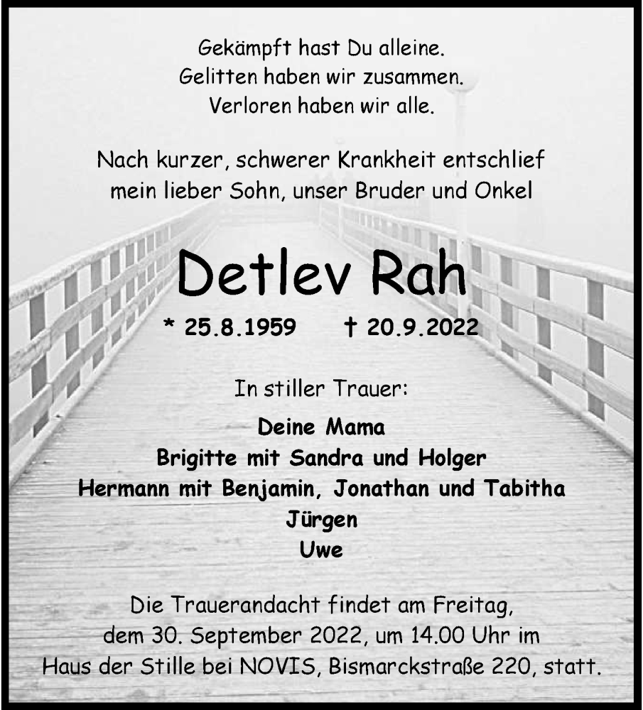  Traueranzeige für Detlev Rah vom 24.09.2022 aus Wilhelmshavener Zeitung