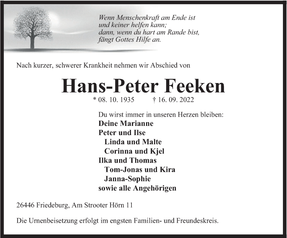  Traueranzeige für Hans-Peter Feeken vom 19.09.2022 aus Anzeiger für Harlingerland
